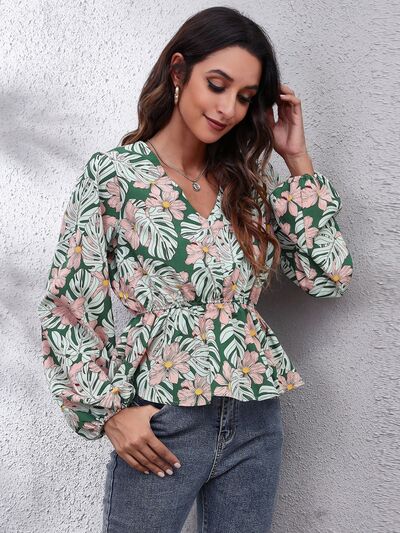 Floral V - Neck Balloon Sleeve Peplum Blouse - Mervyns