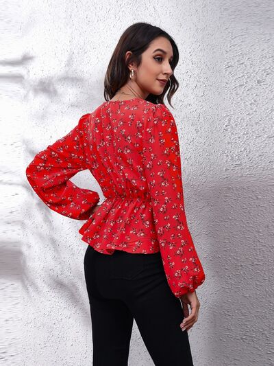 Floral V - Neck Balloon Sleeve Peplum Blouse - Mervyns