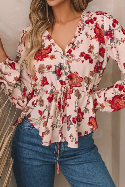 Floral V - Neck Drawstring Peplum Blouse - Mervyns