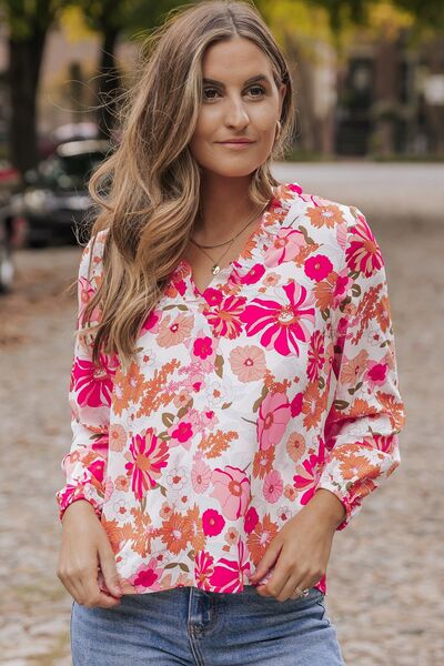 Floral V - Neck Frill Long Sleeve Blouse - Mervyns