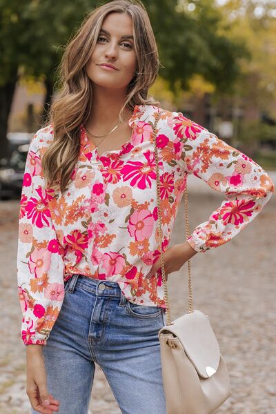 Floral V - Neck Frill Long Sleeve Blouse - Mervyns