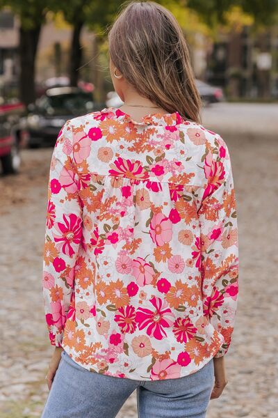 Floral V - Neck Frill Long Sleeve Blouse - Mervyns