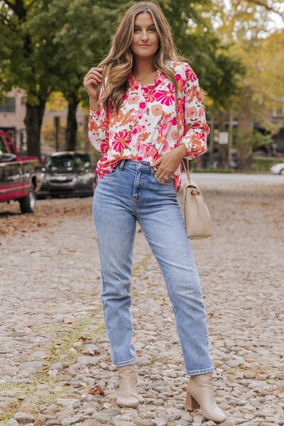 Floral V - Neck Frill Long Sleeve Blouse - Mervyns