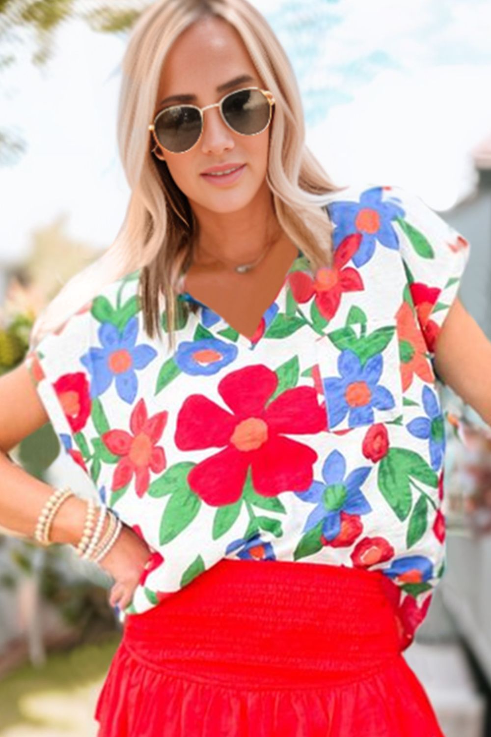 Floral V - Neck Short Sleeve Top - Mervyns