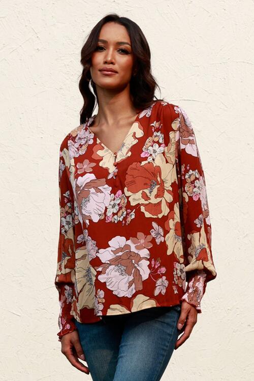 Floral V - Neck Smocked Lantern Sleeve Blouse - Mervyns