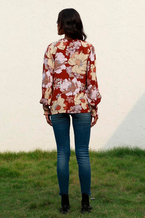 Floral V - Neck Smocked Lantern Sleeve Blouse - Mervyns