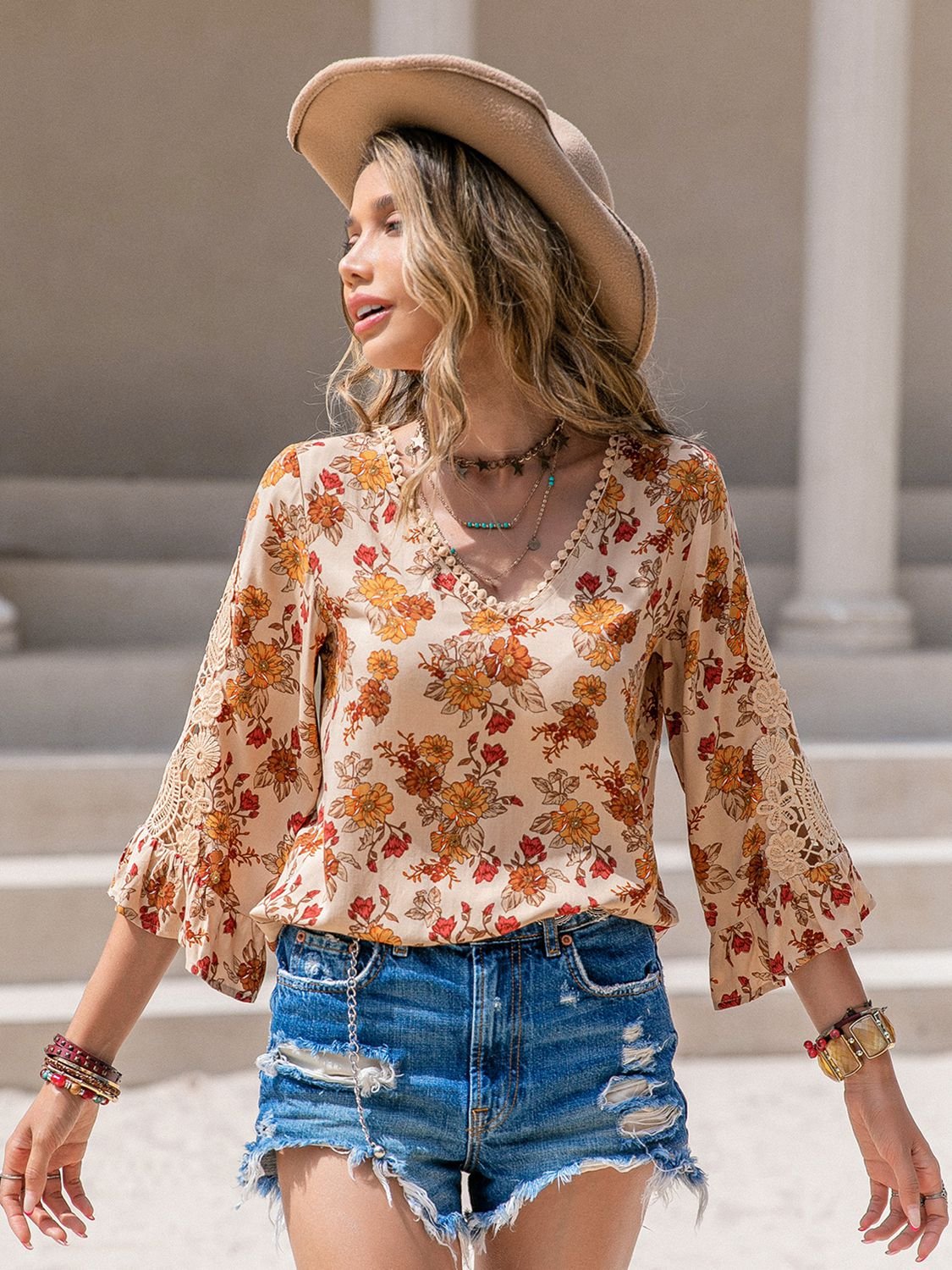 Floral V - Neck Spliced Lace Blouse - Mervyns