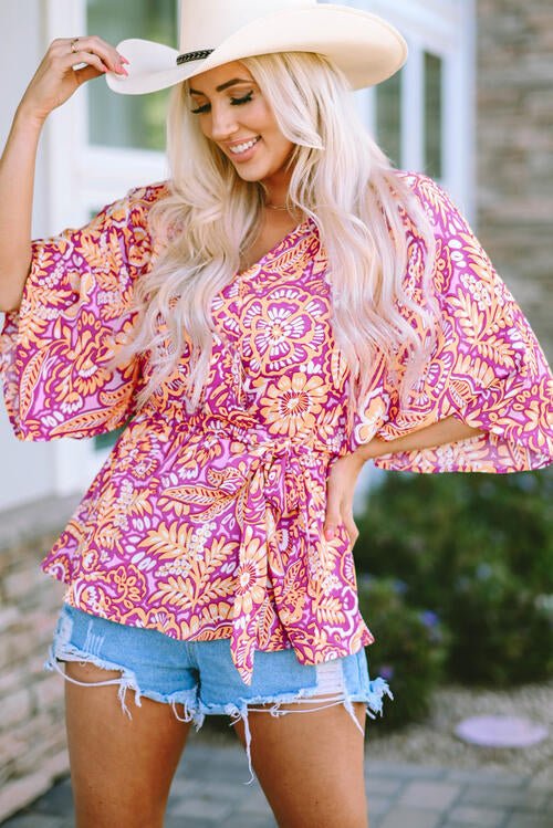 Floral V - Neck Tie Front Ruffled Blouse - Mervyns