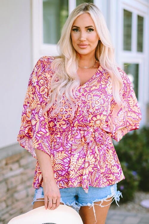 Floral V - Neck Tie Front Ruffled Blouse - Mervyns