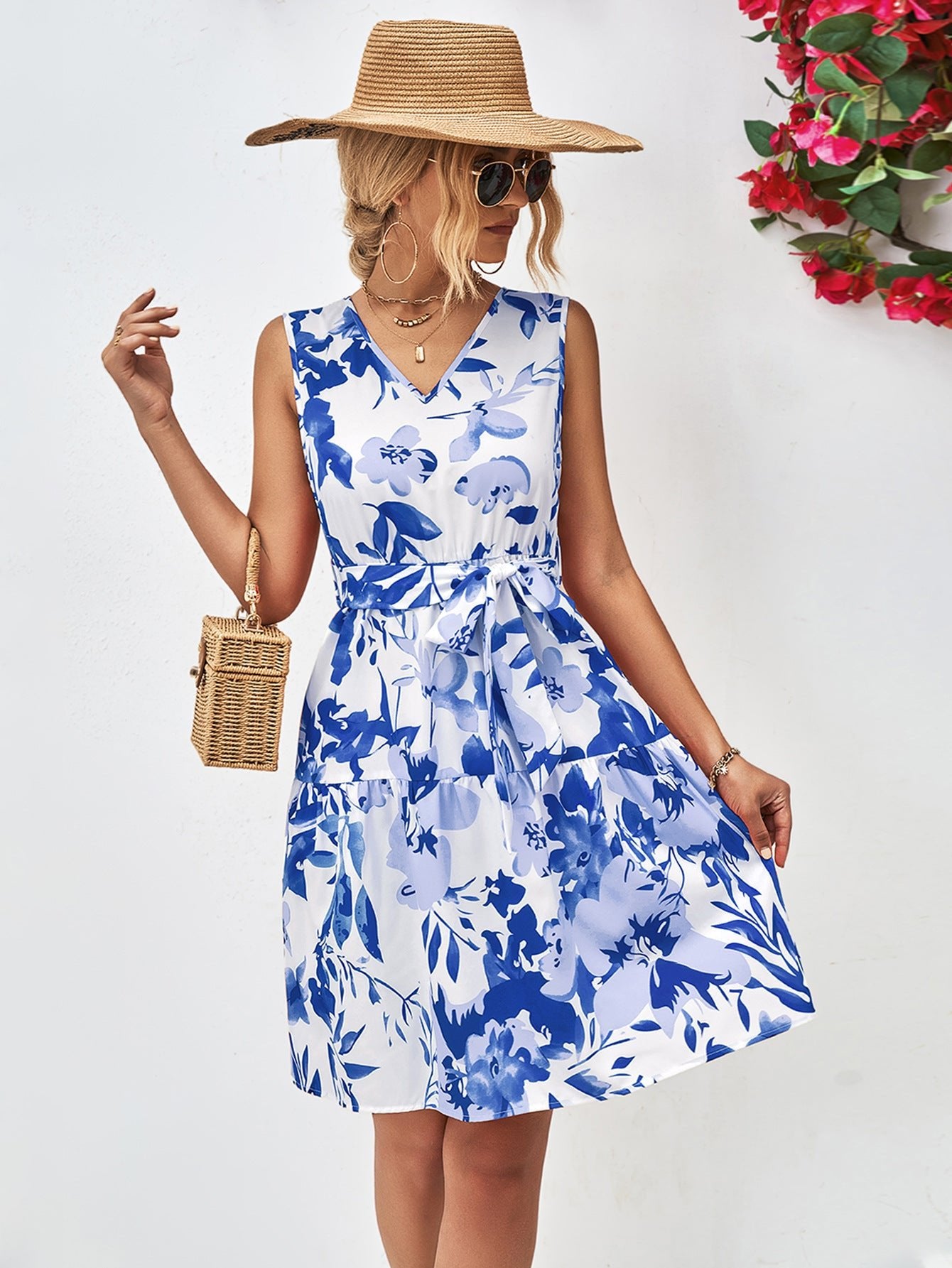 Floral V - Neck Tie Waist Sleeveless Dress - Mervyns