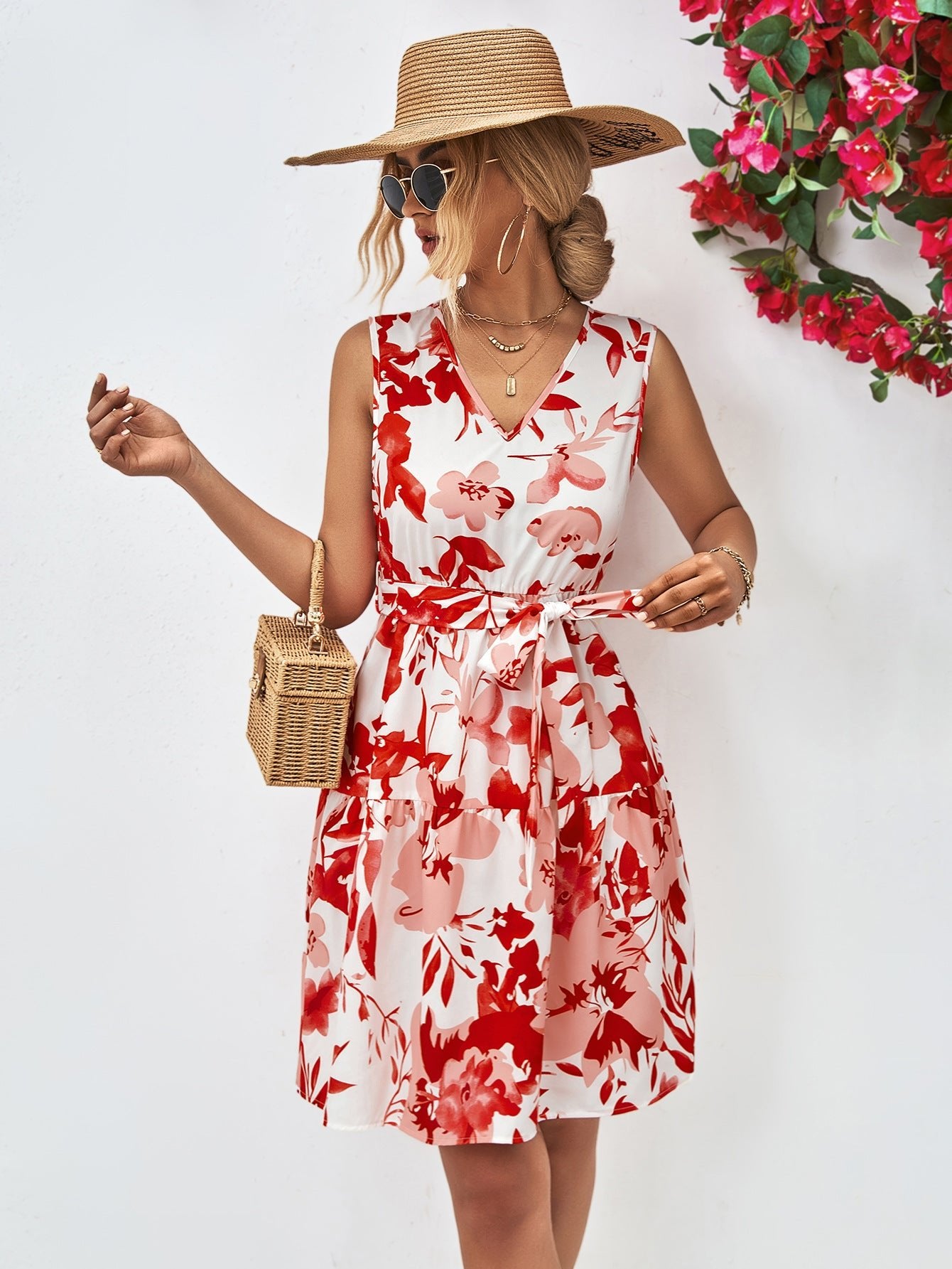 Floral V - Neck Tie Waist Sleeveless Dress - Mervyns