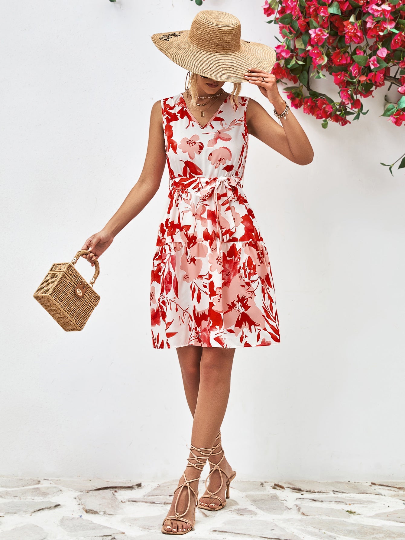 Floral V - Neck Tie Waist Sleeveless Dress - Mervyns