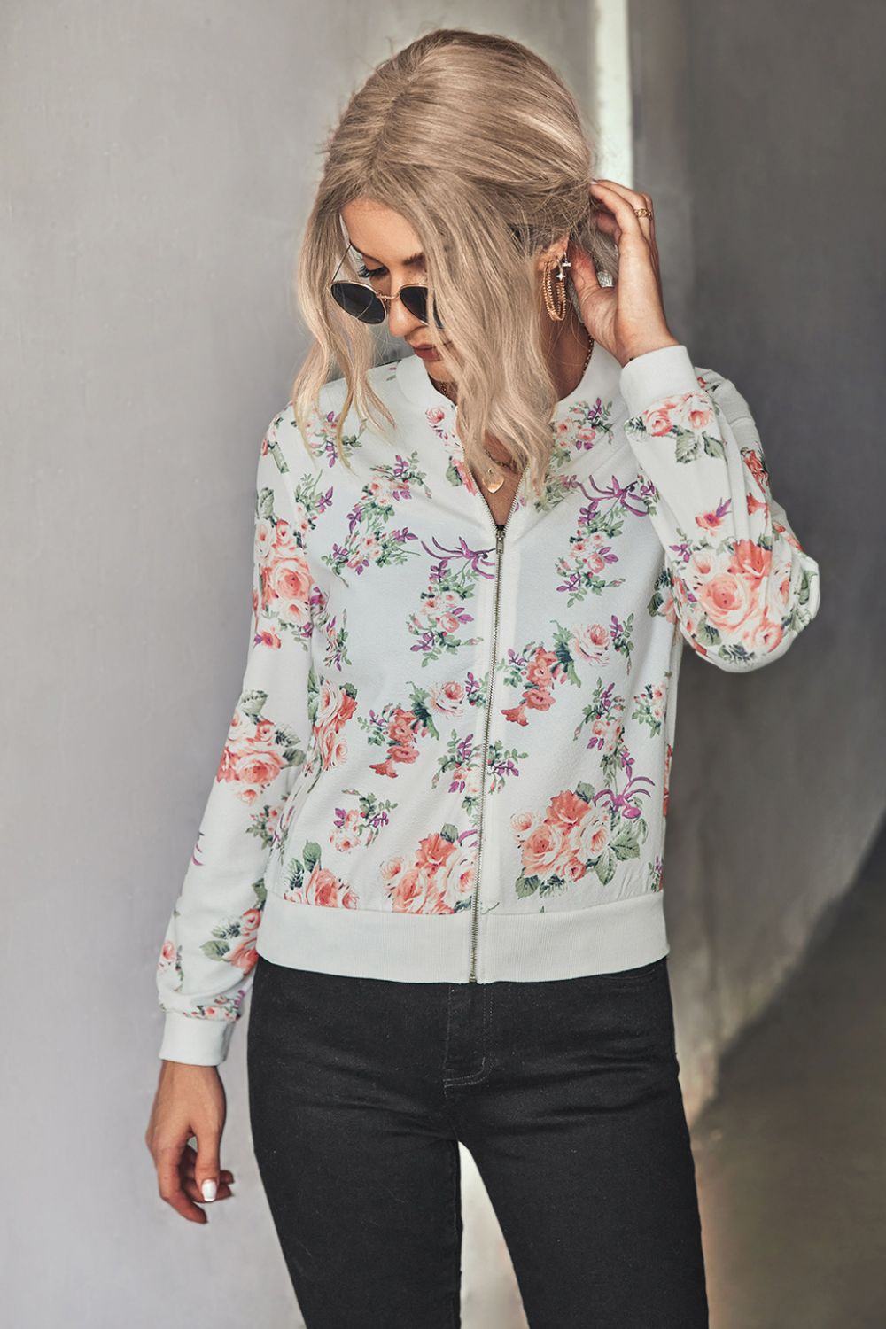 Floral Zip Up Ribbed Trim Bomber Jacket - Mervyns