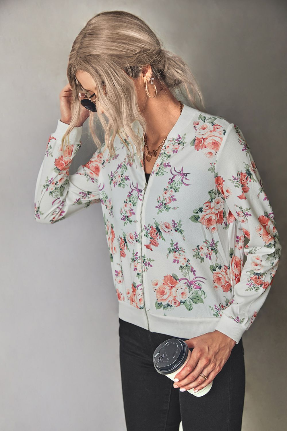 Floral Zip Up Ribbed Trim Bomber Jacket - Mervyns