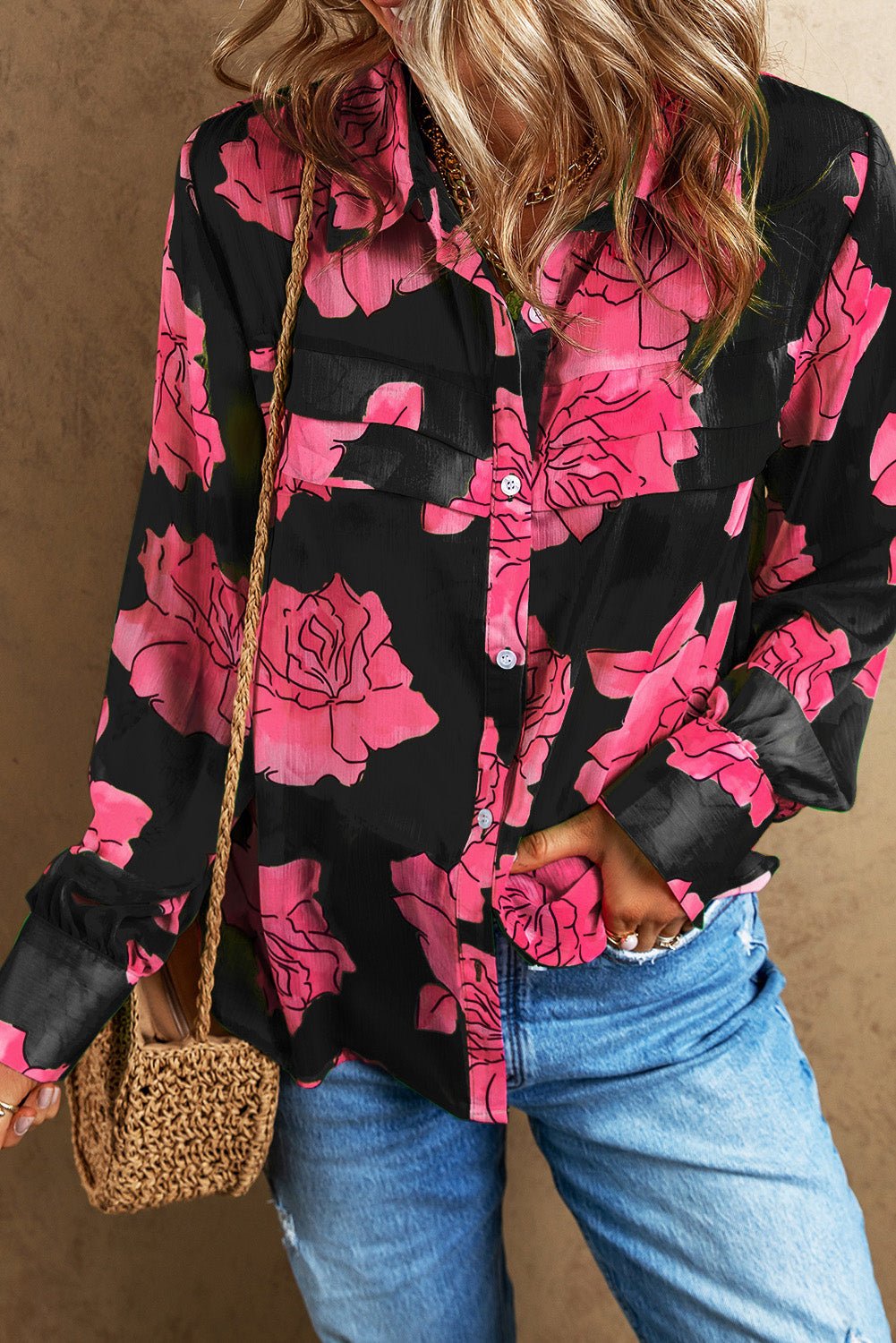 Flower Collared Neck Long Sleeve Shirt - Mervyns