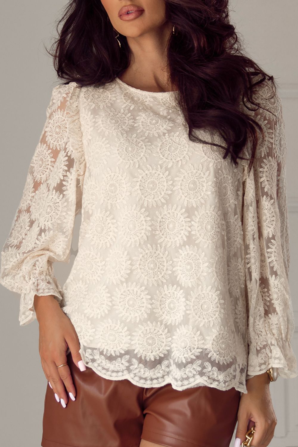 Flower Jacquard Flounce Sleeve Blouse - Mervyns