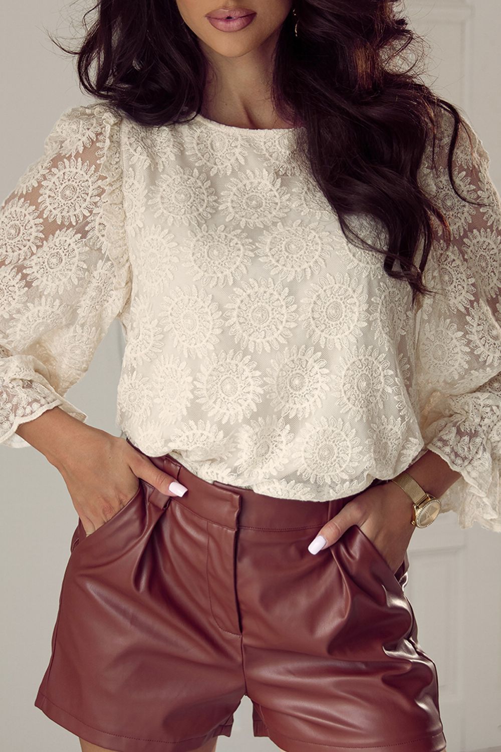 Flower Jacquard Flounce Sleeve Blouse - Mervyns