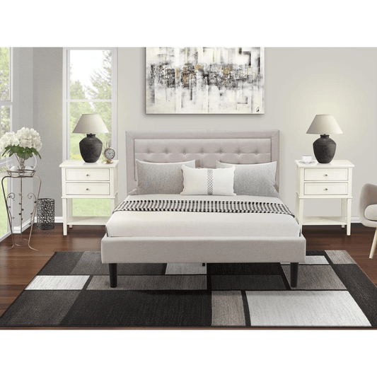 FN08Q-2VL0C 3-Piece Platform Bedroom Set with 1 Queen Size Bed Frame and 2 Small End Tables - Mist Beige Linen Fabric - Mervyns