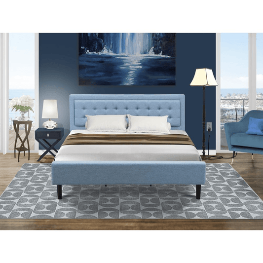 FN11K-1HA15 2-Piece Fannin King Size Bed Set with 1 Bed Frame and a Navy Blue Small Nightstand - Denim Blue Linen Fabric Bed - Mervyns