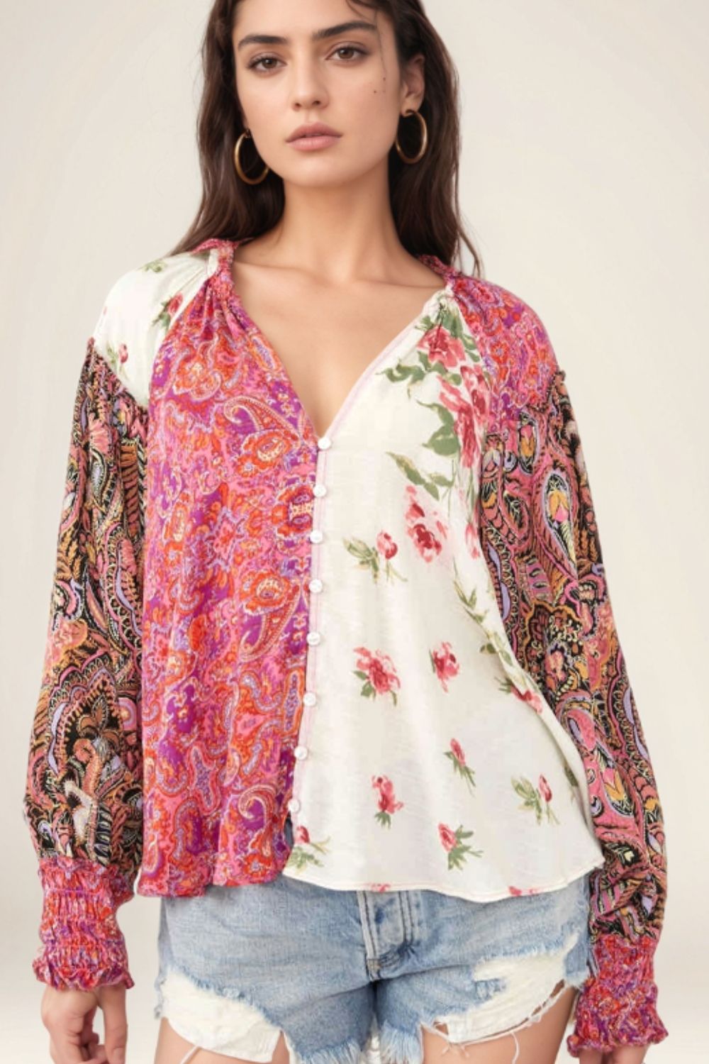 Frill Floral Shirred Cuff Long Sleeve Blouse - Mervyns