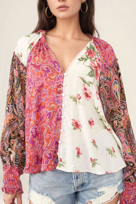 Frill Floral Shirred Cuff Long Sleeve Blouse - Mervyns