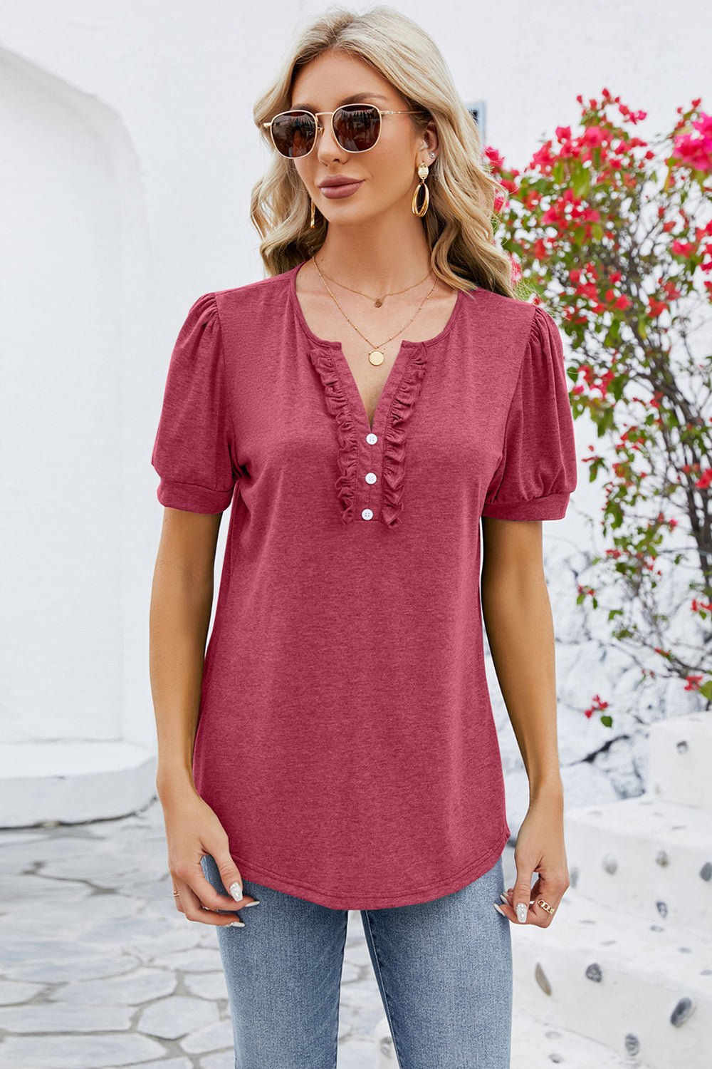 Frill Notched Short Sleeve Blouse - Mervyns