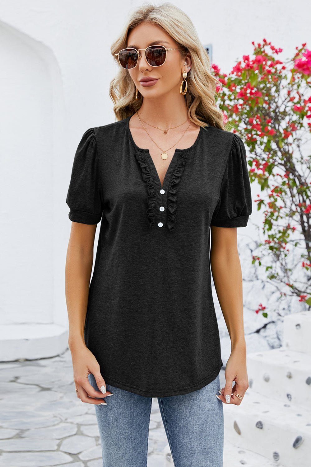 Frill Notched Short Sleeve Blouse - Mervyns