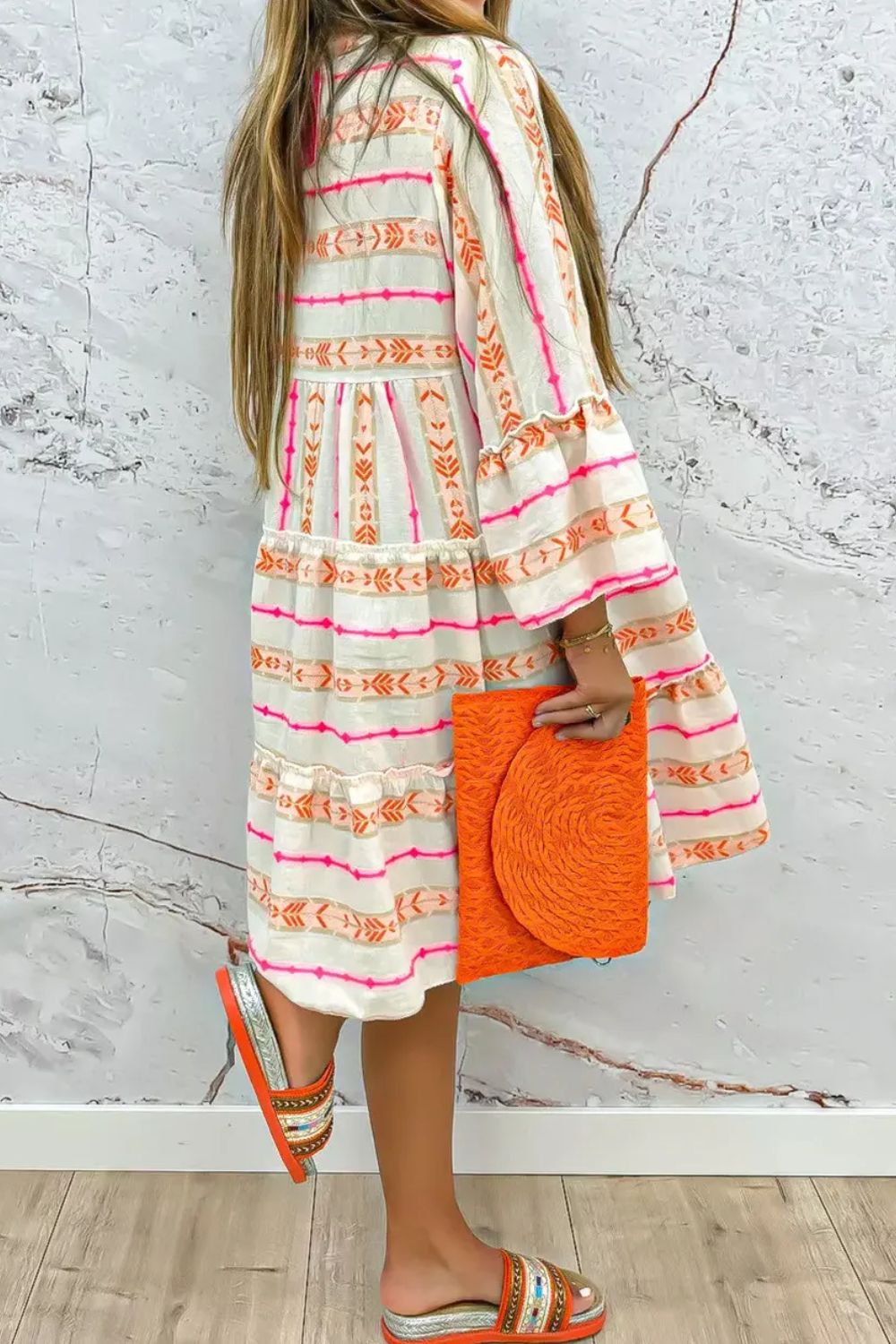 Frill Printed Notched Long Sleeve Dress - Mervyns