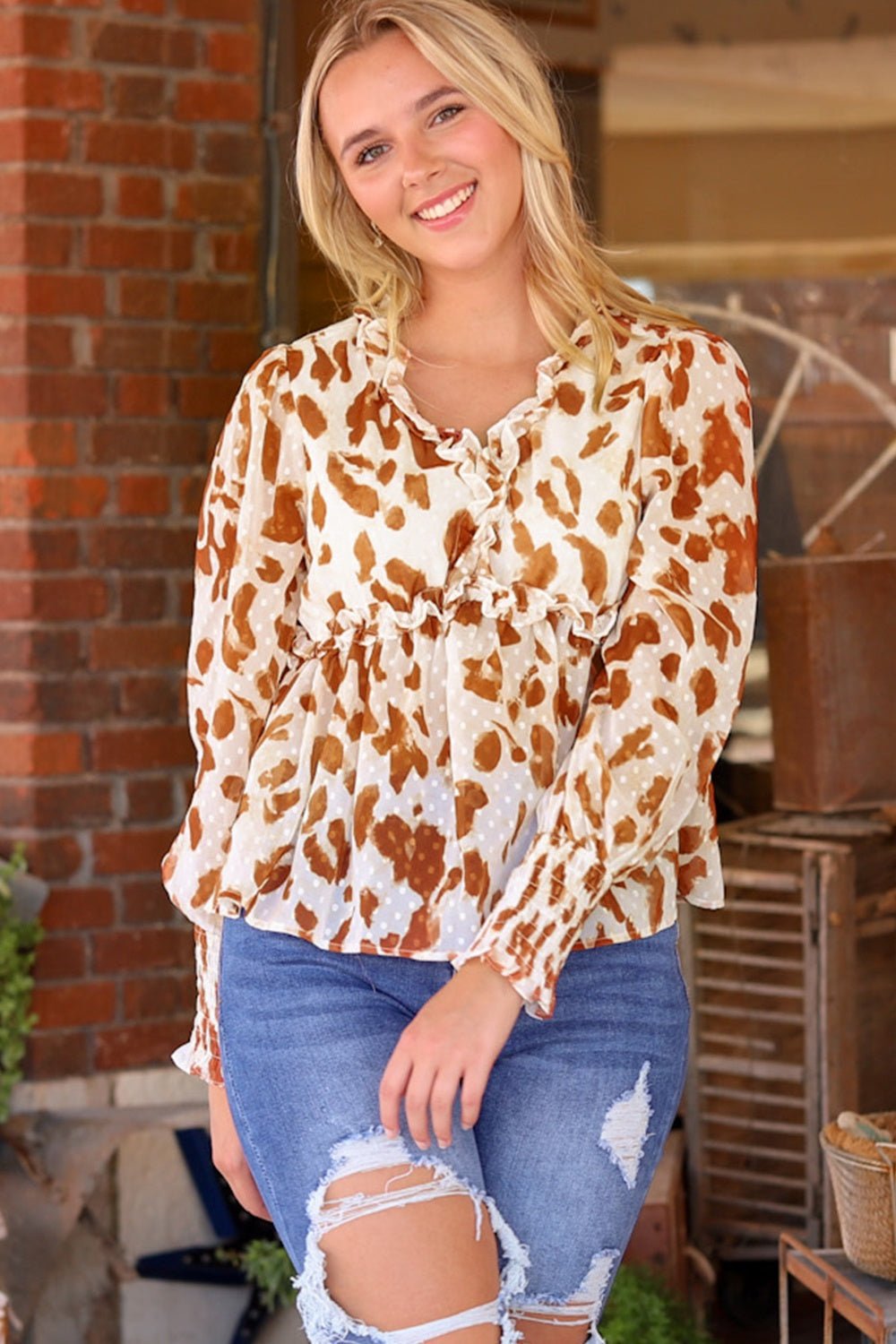 Frill Printed V - Neck Lantern Sleeve Blouse - Mervyns