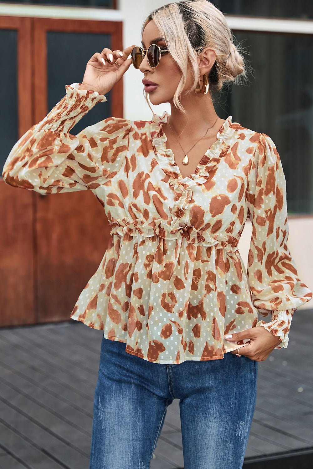 Frill Printed V - Neck Lantern Sleeve Blouse - Mervyns