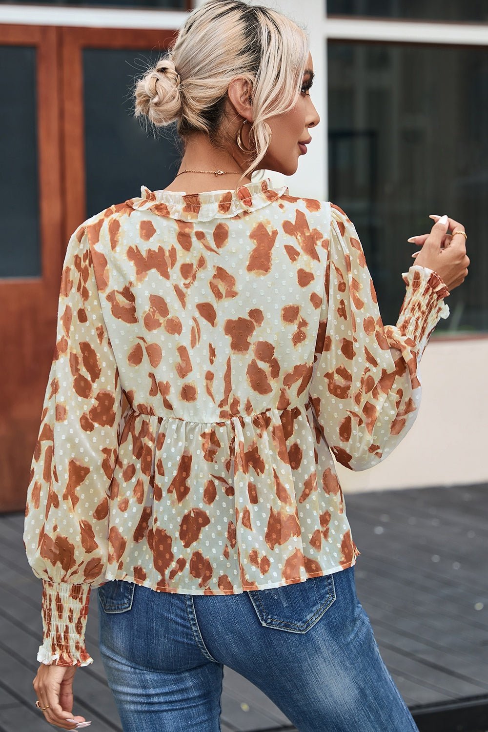 Frill Printed V - Neck Lantern Sleeve Blouse - Mervyns