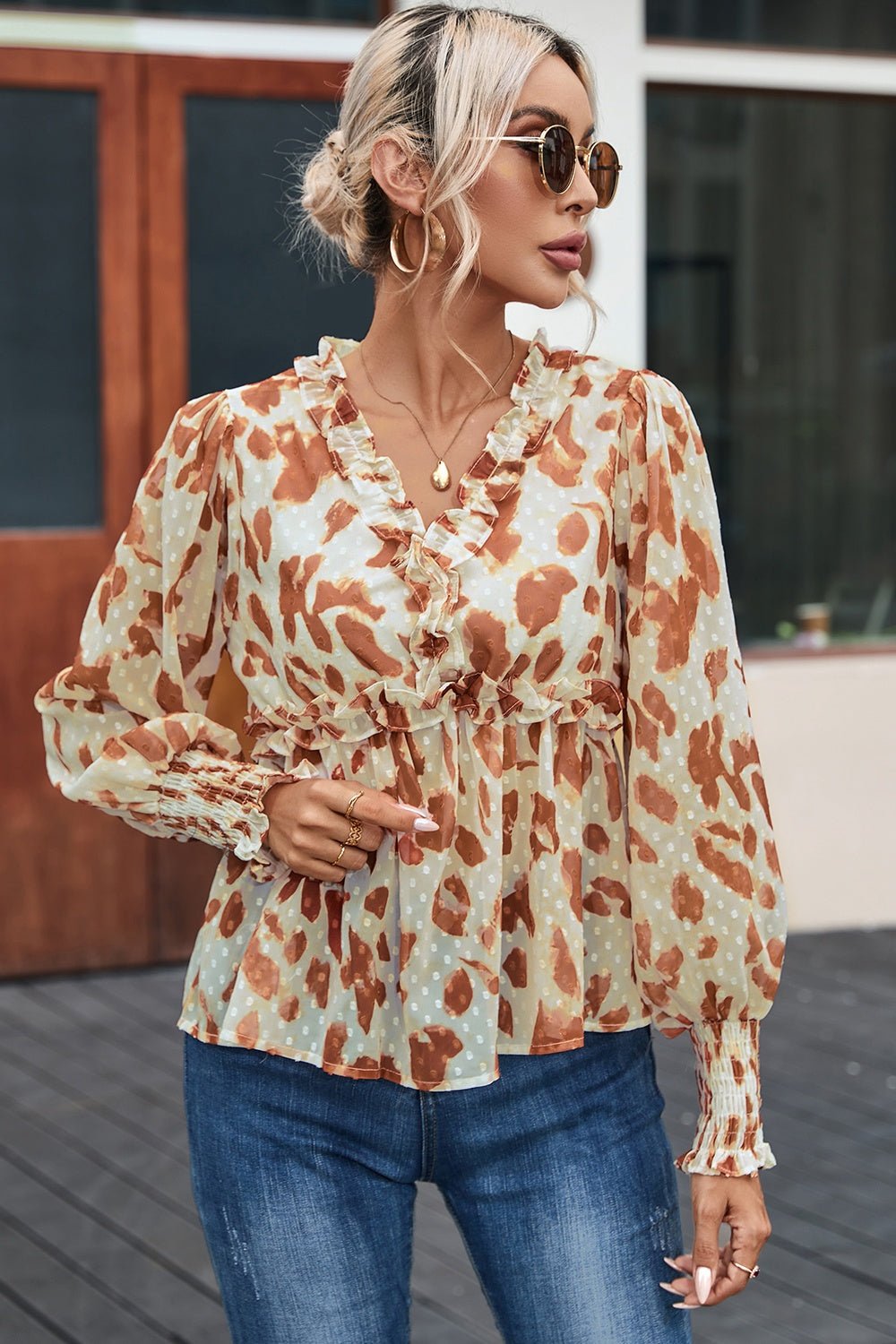 Frill Printed V - Neck Lantern Sleeve Blouse - Mervyns