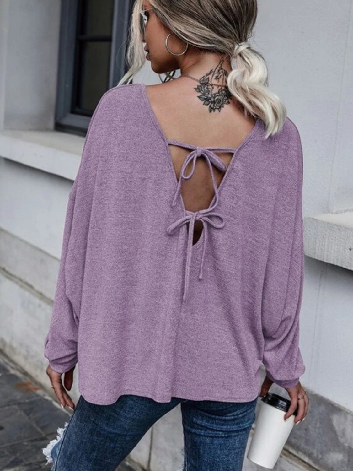 Full Size Double Tie Drop Shoulder Long Sleeve T-Shirt - Mervyns