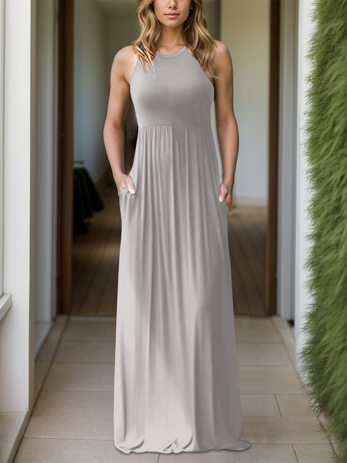 Full Size Grecian Neck Dress with Pockets - Mervyns