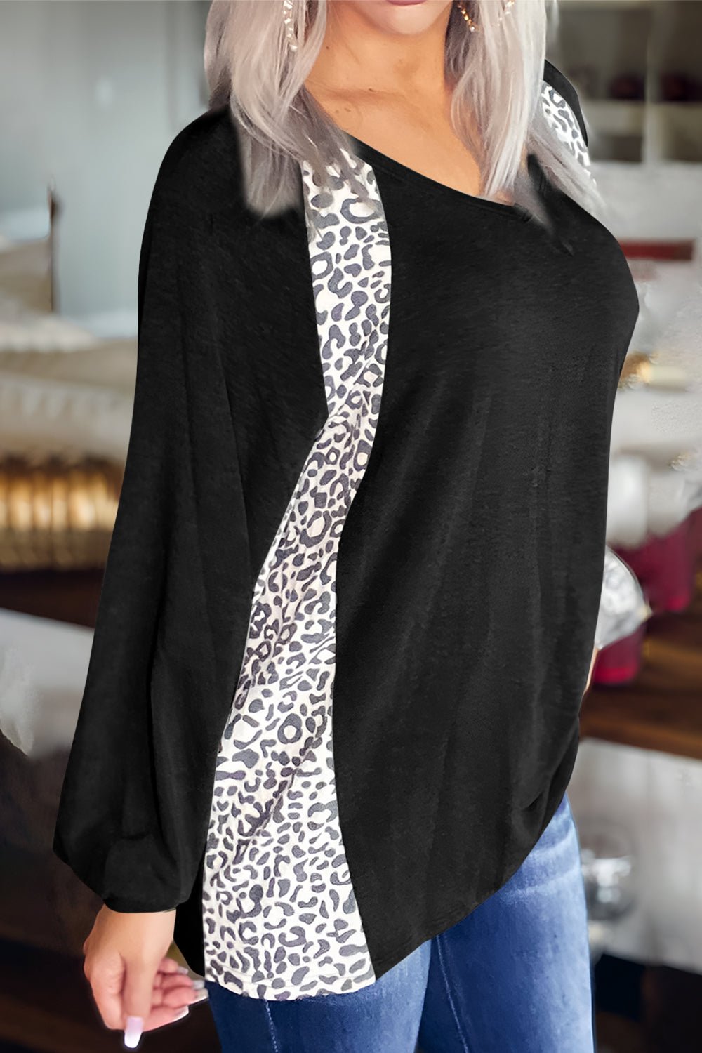 Full Size Leopard V - Neck Long Sleeve T-Shirt - Mervyns