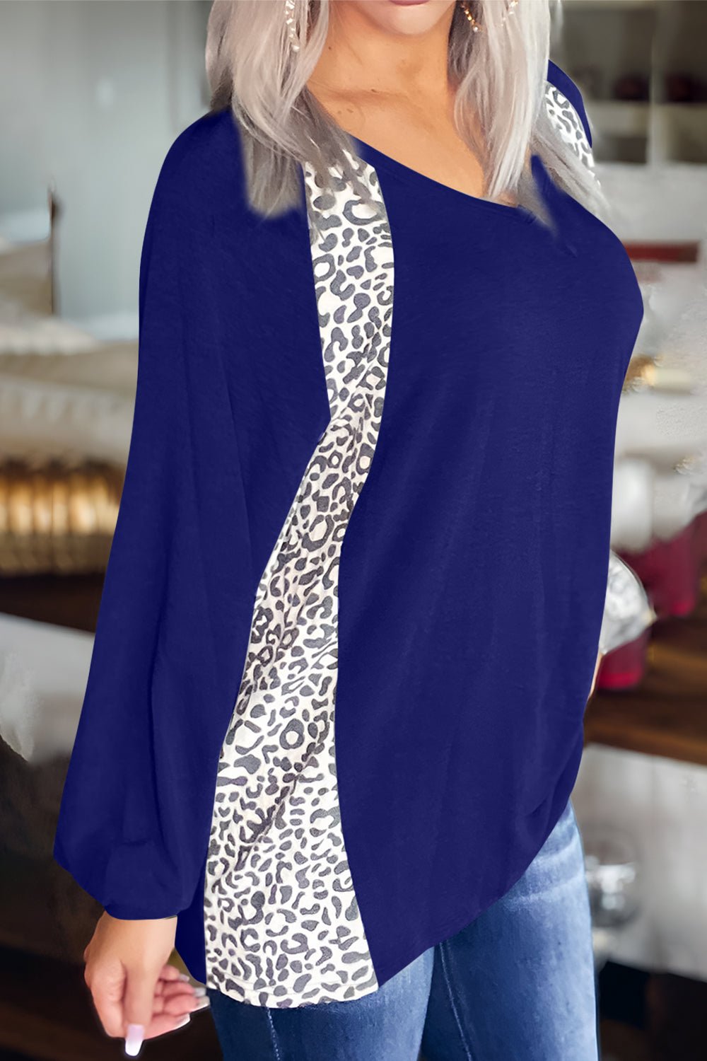 Full Size Leopard V - Neck Long Sleeve T-Shirt - Mervyns