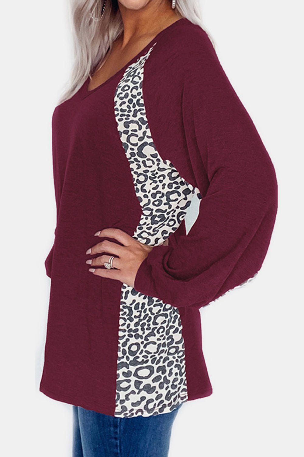 Full Size Leopard V - Neck Long Sleeve T-Shirt - Mervyns