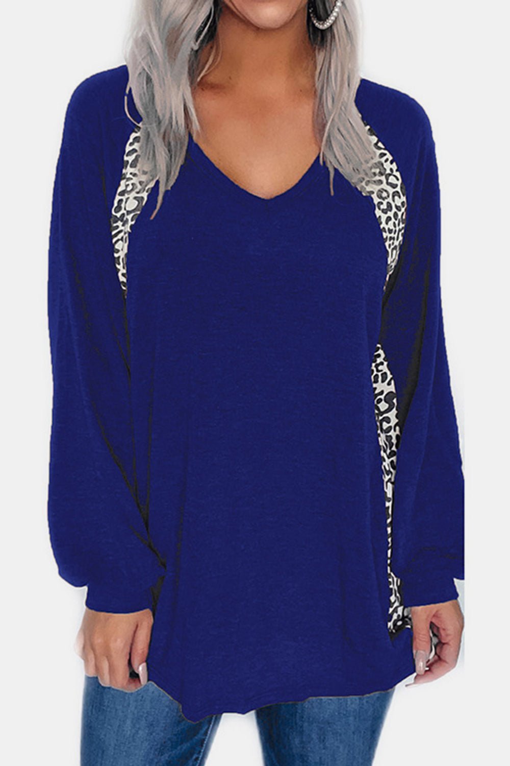 Full Size Leopard V - Neck Long Sleeve T-Shirt - Mervyns