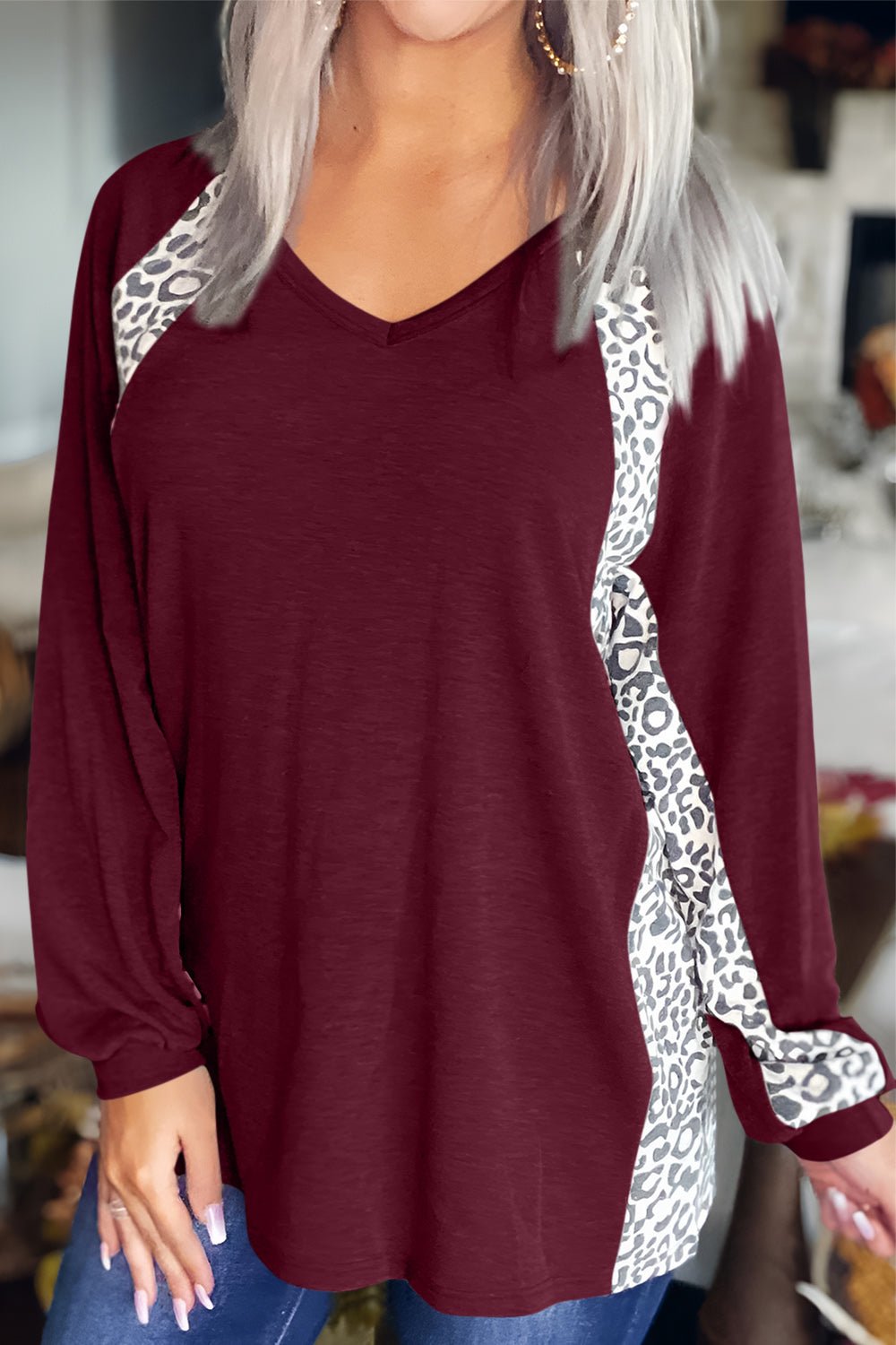 Full Size Leopard V - Neck Long Sleeve T-Shirt - Mervyns