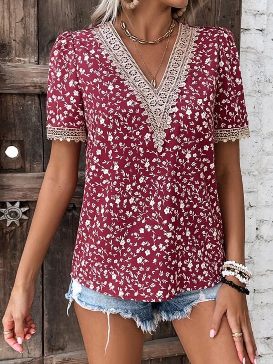 Full Size Printed V - Neck Short Sleeve Blouse - Mervyns