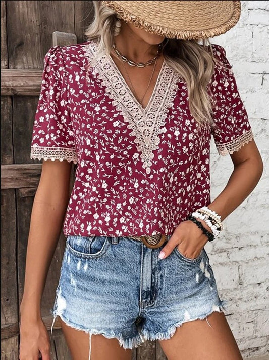 Full Size Printed V - Neck Short Sleeve Blouse - Mervyns