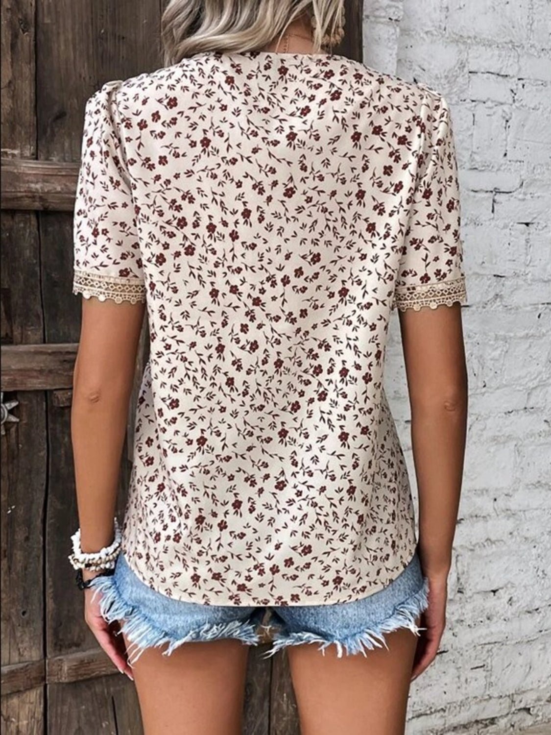 Full Size Printed V - Neck Short Sleeve Blouse - Mervyns