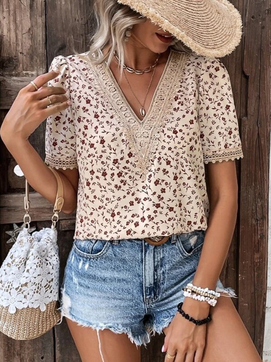 Full Size Printed V - Neck Short Sleeve Blouse - Mervyns