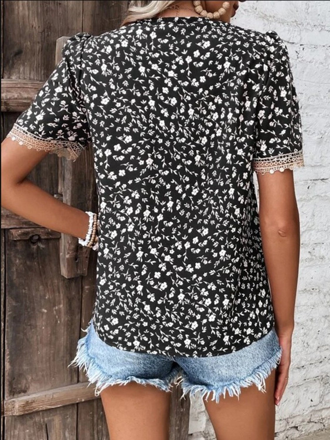 Full Size Printed V - Neck Short Sleeve Blouse - Mervyns