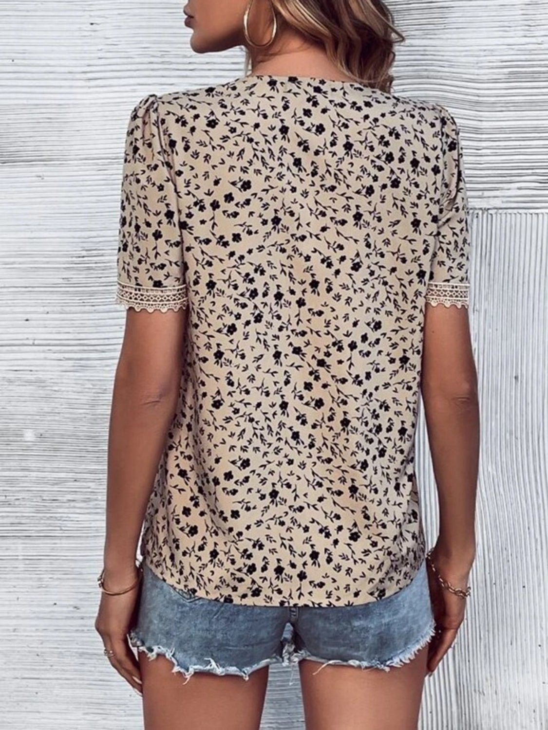 Full Size Printed V - Neck Short Sleeve Blouse - Mervyns