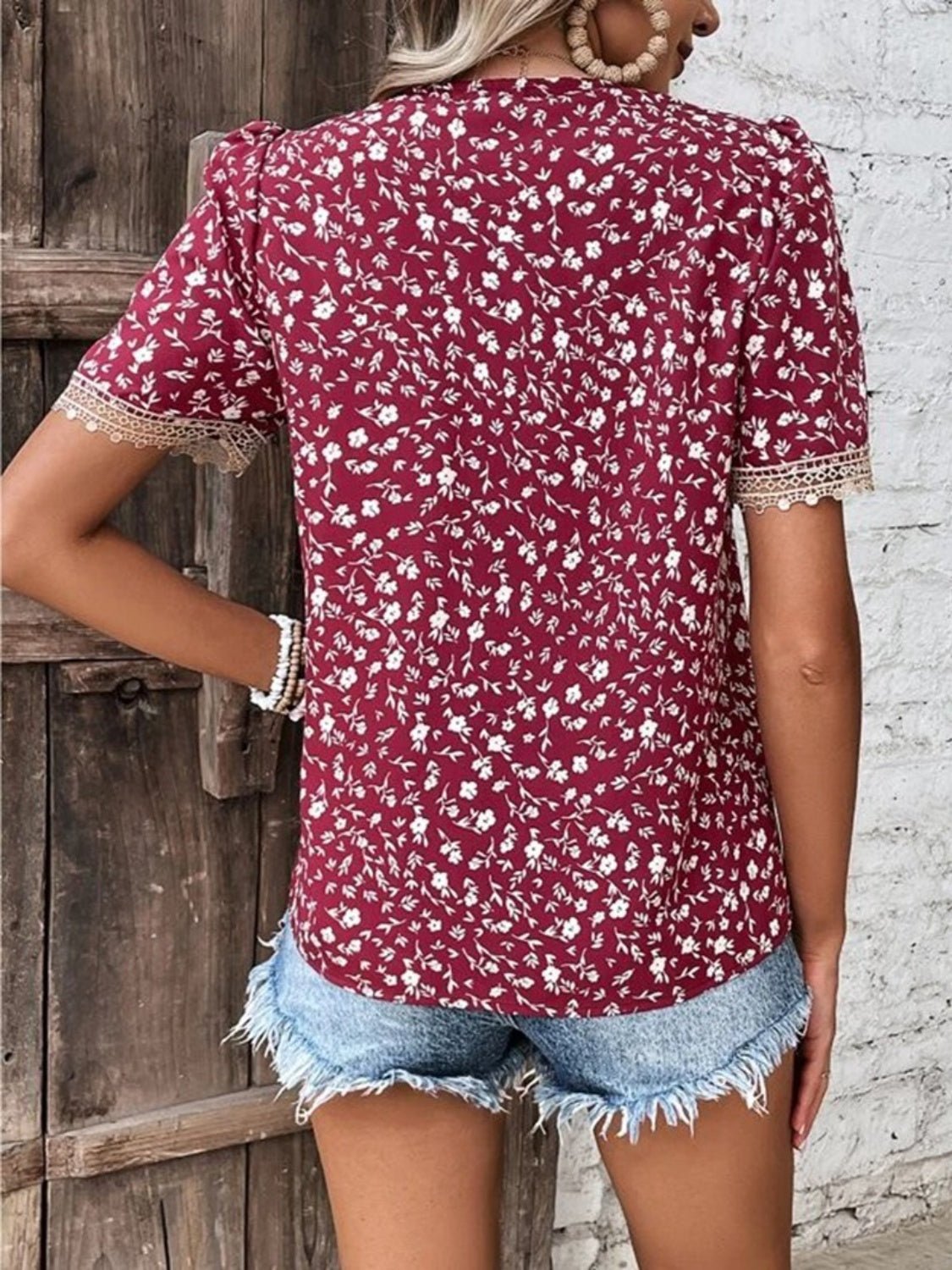 Full Size Printed V - Neck Short Sleeve Blouse - Mervyns