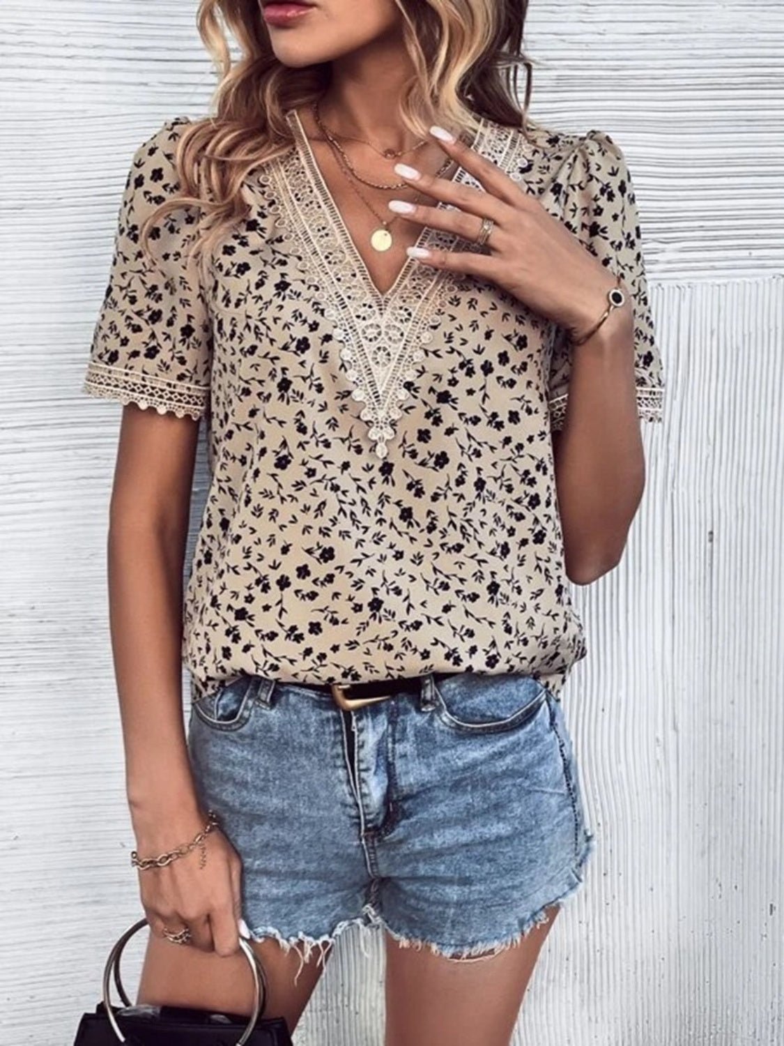 Full Size Printed V - Neck Short Sleeve Blouse - Mervyns