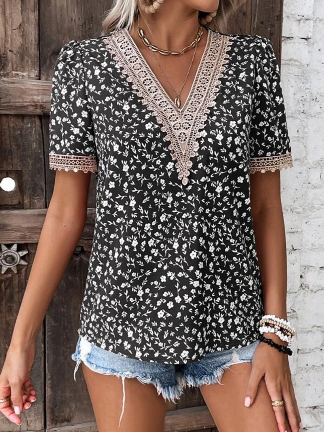 Full Size Printed V - Neck Short Sleeve Blouse - Mervyns