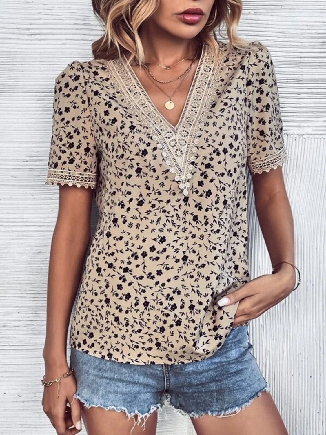 Full Size Printed V - Neck Short Sleeve Blouse - Mervyns