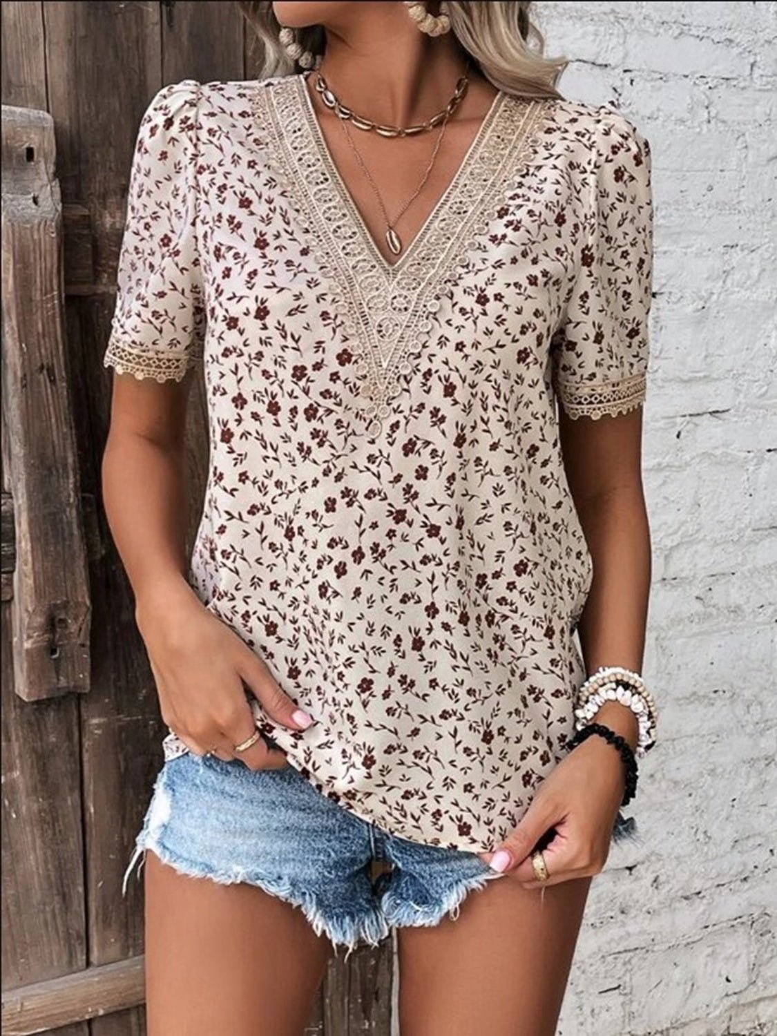 Full Size Printed V - Neck Short Sleeve Blouse - Mervyns